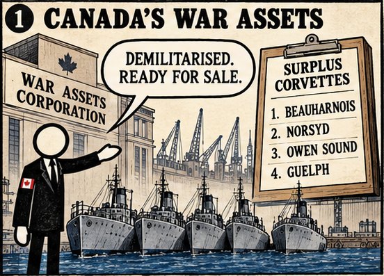 Canada's War Assets Corporation offers four demilitarised corvettes: Beauharnois, Norsyd, Owen Sound, Guelph