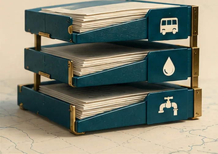 Three stacked blue file trays full of papers, marked with a bus, a water drop and a tap.