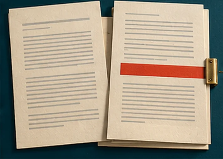 Two typed pages side by side, the second with one line struck through in red and a brass clip at its edge.