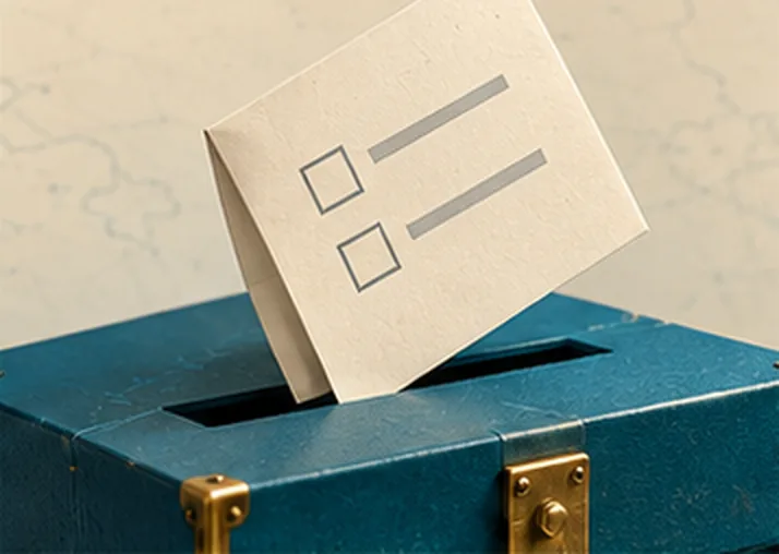A ballot with two boxes going into the slot of a blue ballot box with brass fittings.