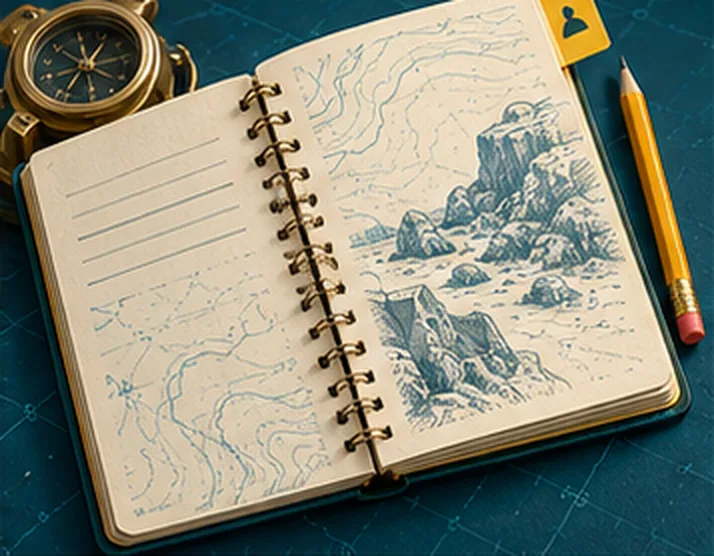 An open spiral notebook with ruled notes on one page and an ink sketch of a rocky shore on the other, beside a brass compass and a pencil.