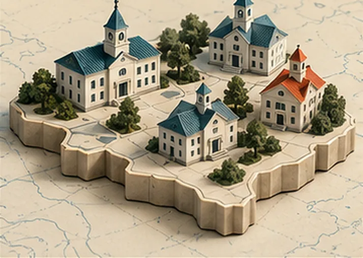 A model of an island in pale stone with five small town halls and their trees, each on its own lot, joined into one landmass.