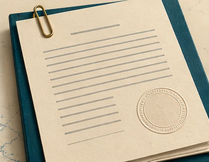 A typed resolution clipped to a blue folder, with an embossed seal at the bottom of the page.