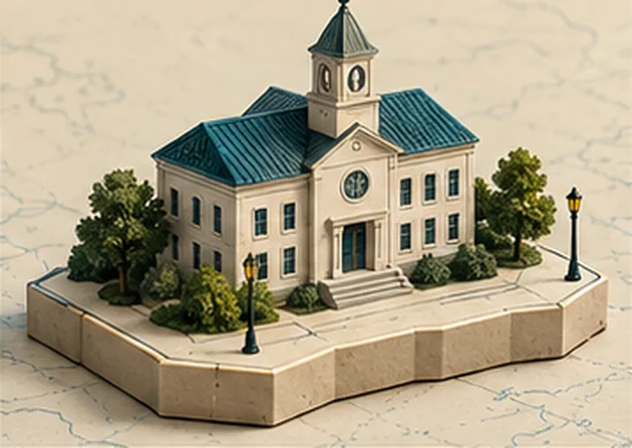 A single town hall with a clock tower on its own stone plinth, with trees and street lamps.