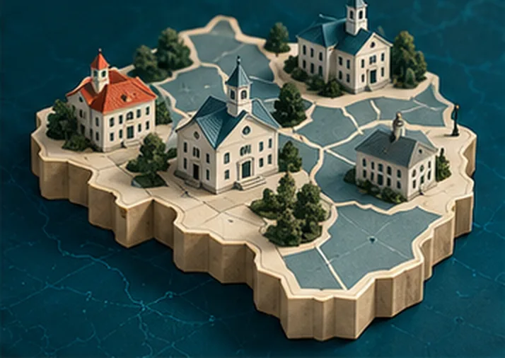 A stone model of a large island divided into blue districts, with town halls standing inside its borders.