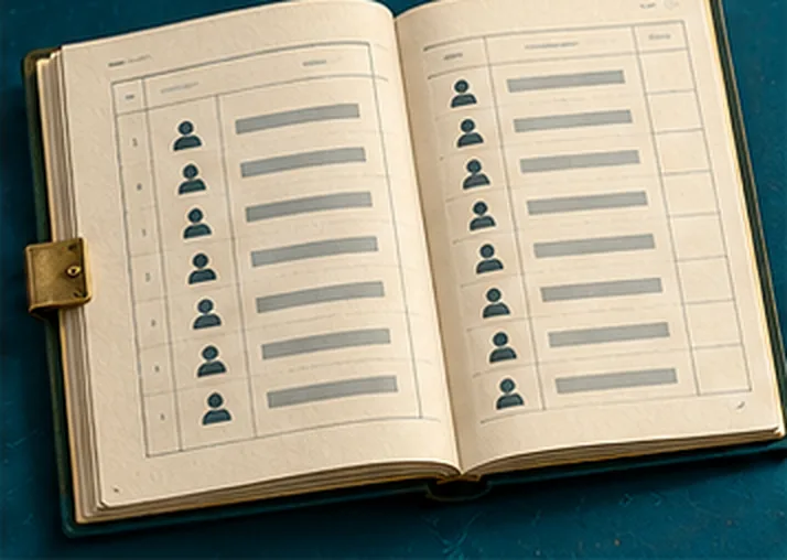 An open register bound in green, each line a name marked with a small figure.