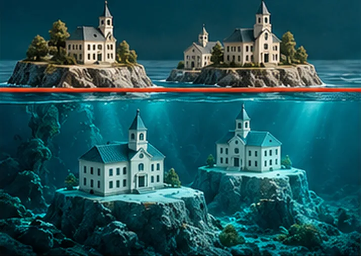 Four town halls on rocky islands: two stand above a red line at the surface, two sit below it on the sea floor.