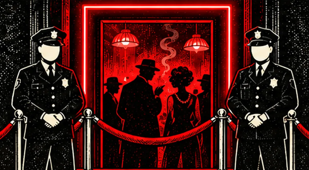 Two faceless policemen stand with hands folded on either side of a red-lit doorway behind a velvet rope; inside, silhouetted figures in hats drink and smoke.