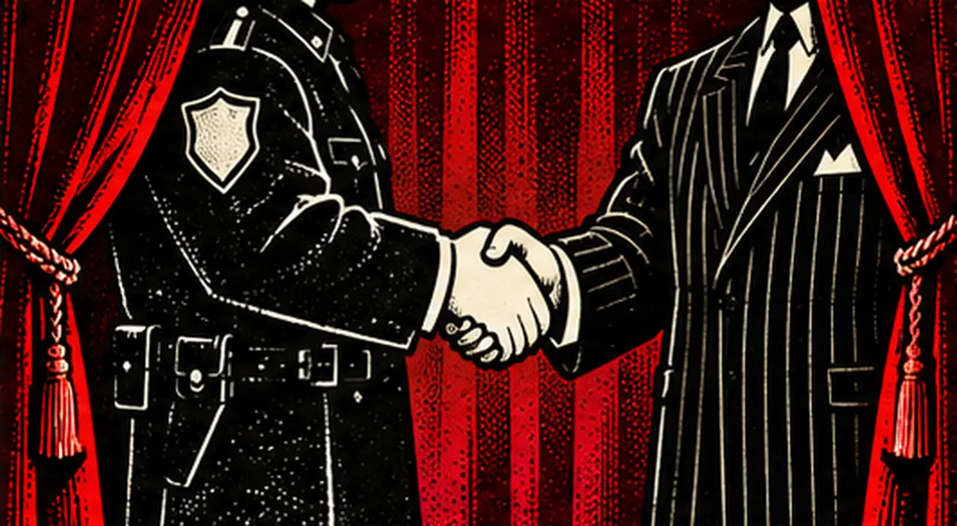 Between red stage curtains, a uniformed police officer and a man in a pinstriped suit shake hands; neither face is shown.