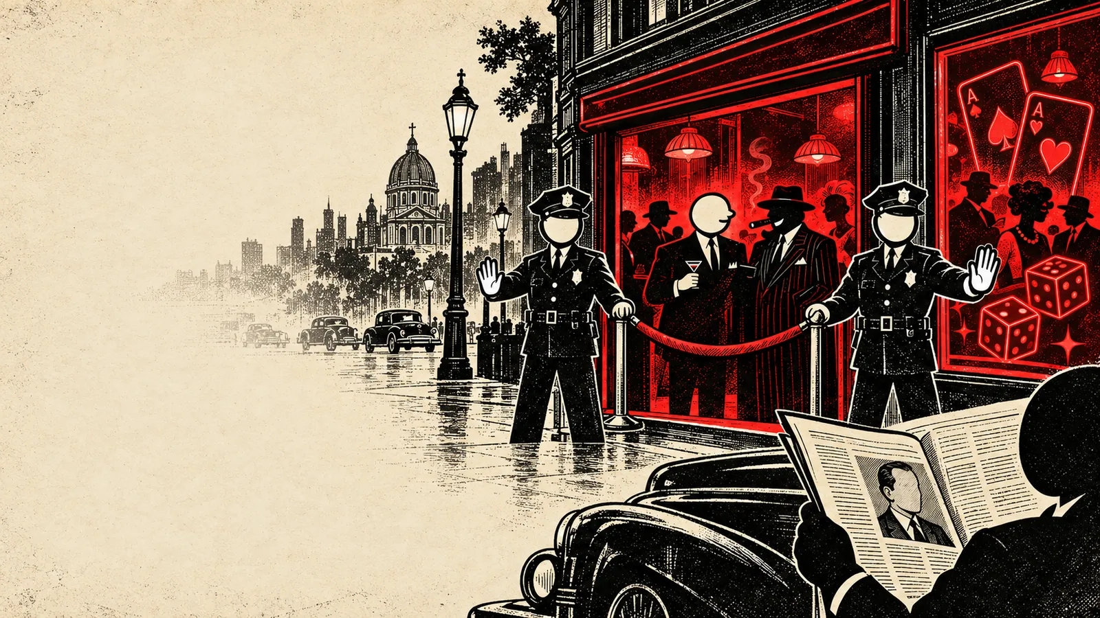 Pen-and-ink drawing of a wet Montreal street at night: two faceless policemen in front of a red-lit gambling club hold up their palms behind a velvet rope, while a man in a dark car reads a newspaper with a portrait on its front page.