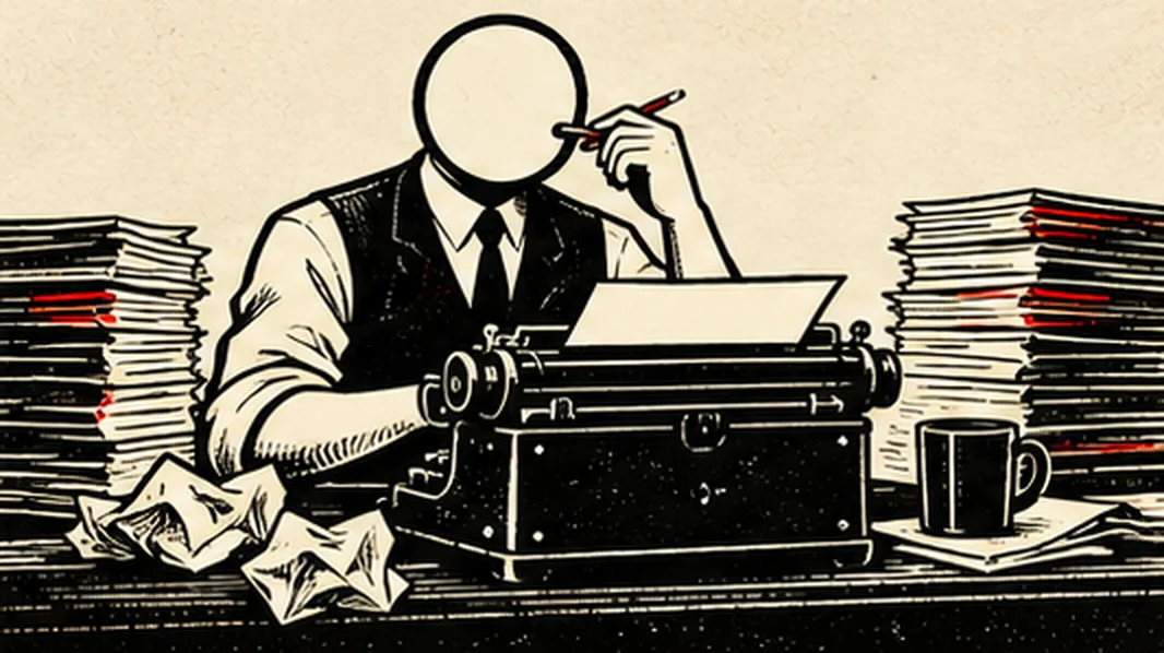 A faceless man in a waistcoat sits at a typewriter between two tall stacks of paper, a pencil to his head, crumpled sheets on the desk.