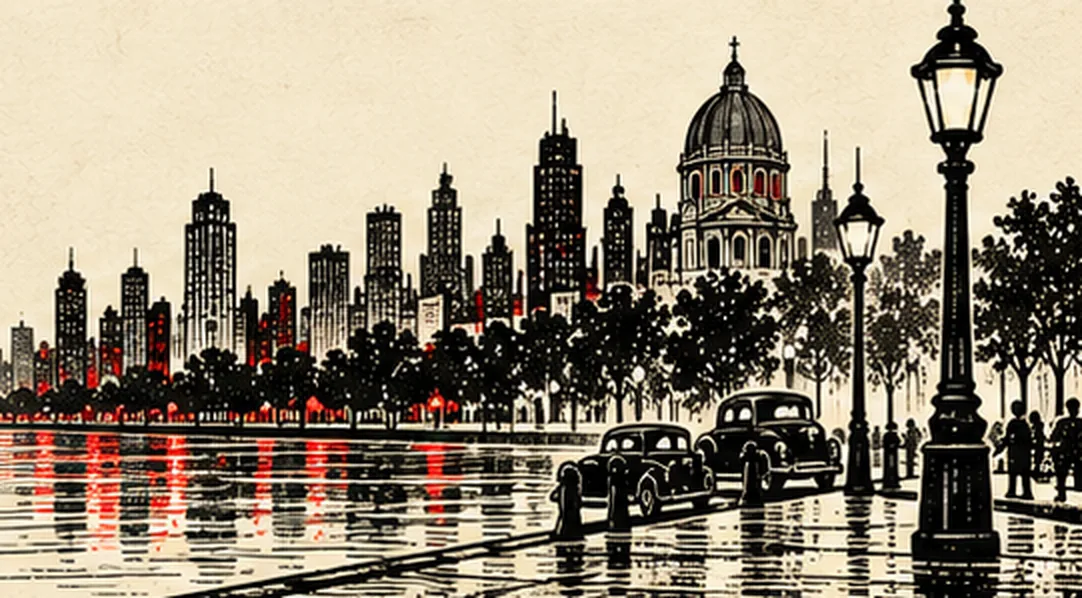 Montreal skyline at night with a domed church among towers, lamp posts and two parked cars on a wet street, red lights reflected in the water.