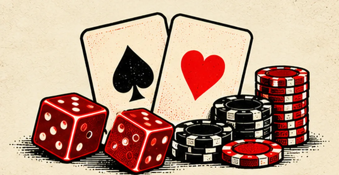 Two red dice, an ace of spades and an ace of hearts, and stacks of red and black gaming chips.