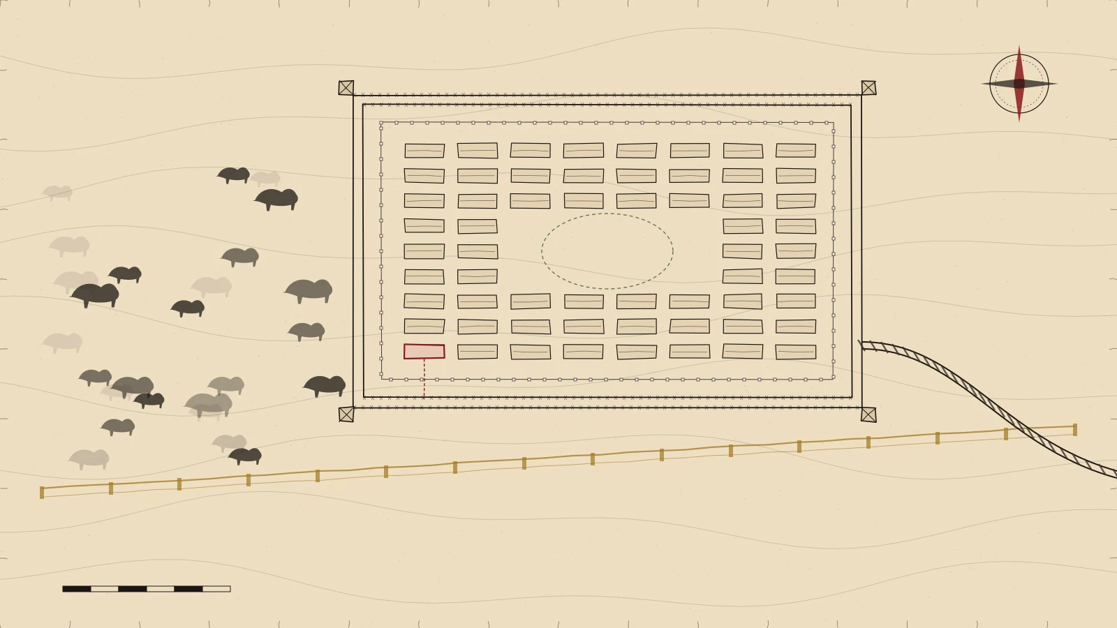 An ink plan on paper of a prisoner-of-war enclosure on open prairie: two barbed-wire fences with a guard tower at each corner, a dotted warning wire inside them, rows of huts around an oval sports ground, one hut outlined in red with a dashed line running from it toward the wire, a rail spur curving away to the east, a surveyed boundary line in gold across the foot of the plan, and a scattering of bison silhouettes to the west fading toward the edge.