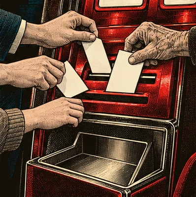 Hands of different ages post paper ballots into the coin slot of a red slot machine; the payout tray below is empty.