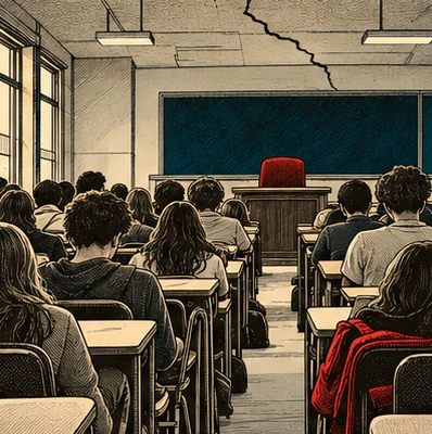 A crowded classroom seen from the back: desks pushed together, an empty red teacher&rsquo;s chair at the front, a long crack across the ceiling.