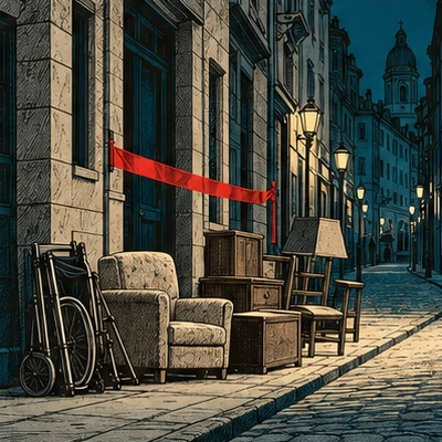 A narrow European street at dawn: an armchair, a cabinet, a lamp and a folded wheelchair on the pavement, red tape across a doorway, no people.