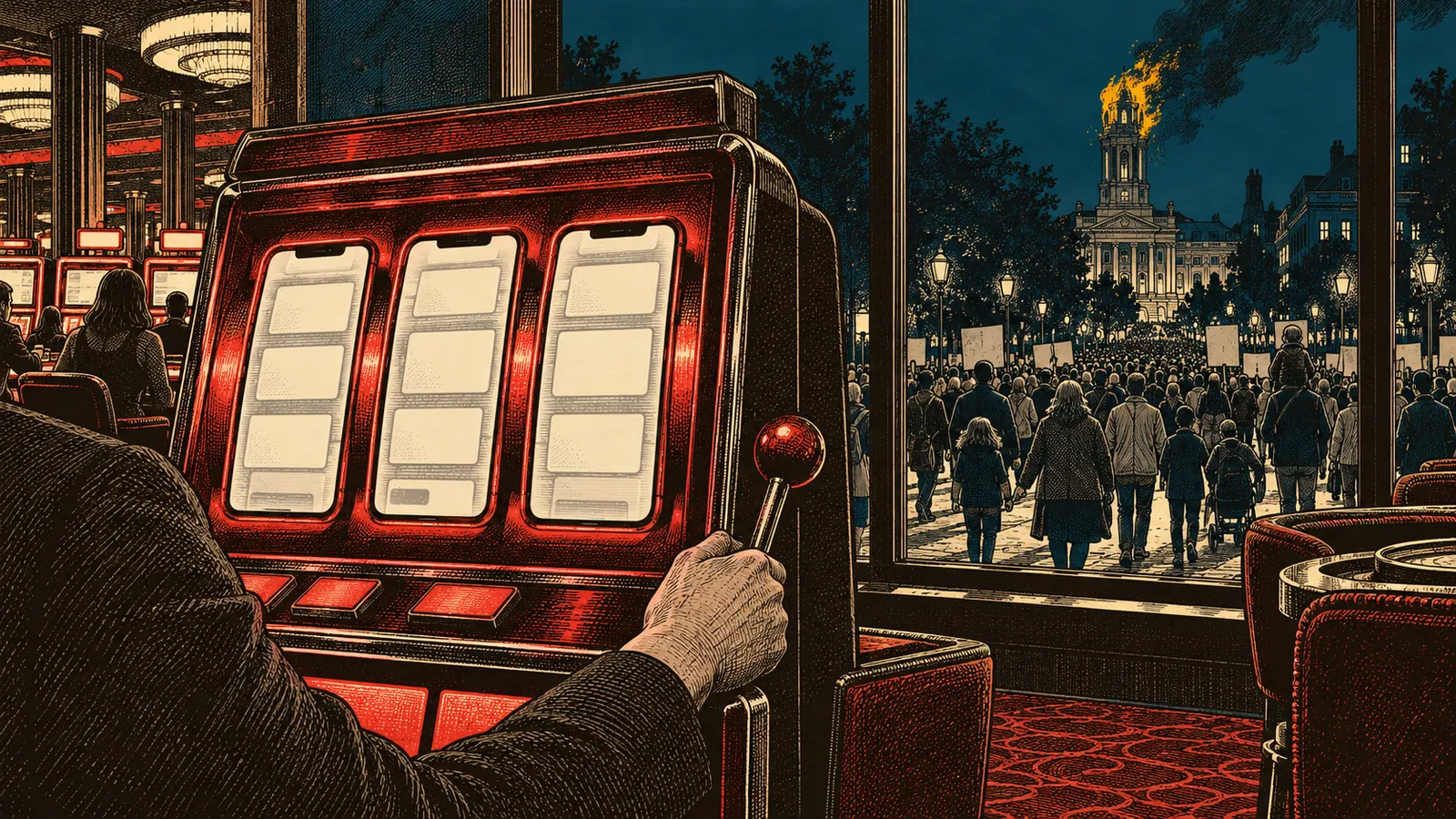 Pen-and-ink drawing: a faceless gambler's hand pulls the lever of a red slot machine whose three reels are phone screens showing blank feed cards. Through the casino's tall window, a crowd of every age marches at dusk towards a stone town hall whose bell tower is on fire.