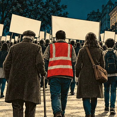 A march seen from behind: an old man with a cane, a worker in a red high-visibility vest, a woman with a satchel and a student, under blank placards.