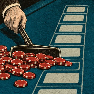 A faceless croupier's hand drags a rake of red chips across blue felt whose weave is a column of blank cards, like a feed seen from above.