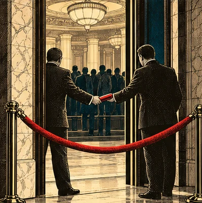 Behind a velvet rope in a marble doorway, two faceless men in dark suits pass a red relay baton hand to hand while a crowd stands beyond.