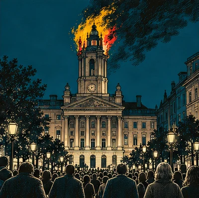 A stone town hall at night with its bell tower on fire, crowd silhouettes in the square below.