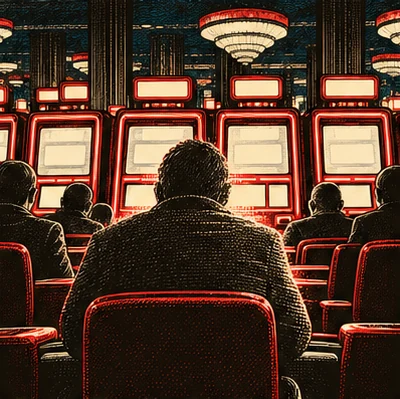 A lone gambler seen from behind in a red chair, facing a long row of glowing machines among other players.