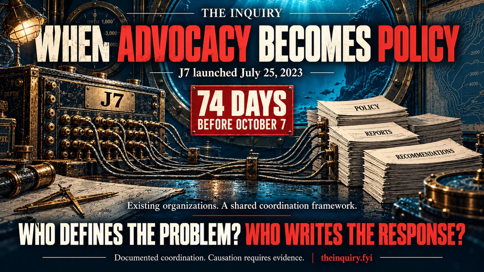 When advocacy becomes policy — J7 launched 25 July 2023, seventy-four days before 7 October. Existing organizations, a shared coordination framework. Who defines the problem? Who writes the response? Documented coordination. Causation requires evidence.